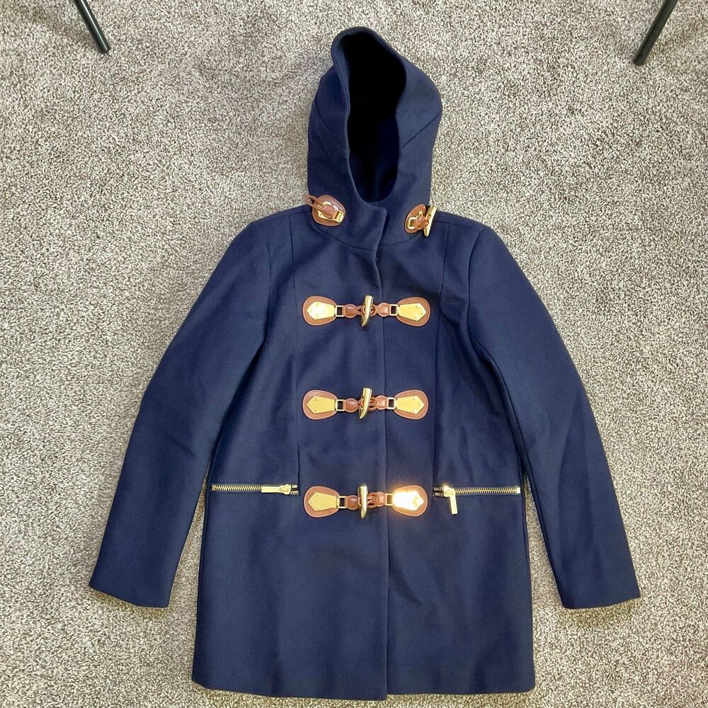 NEW Michael Kors Wool Hooded Duffle Coat Jacket Womens Small Toggle Winter Blue‎